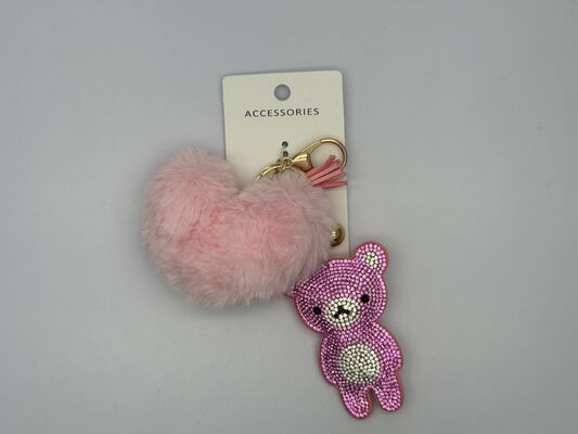 Various Colors Geometric Bear Key Chain with Furry Heart and Golden Details