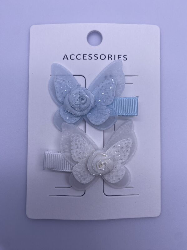 Blue and White 2-Packs Butterfly and Flower Hair Clips with Elastic Band Fastening